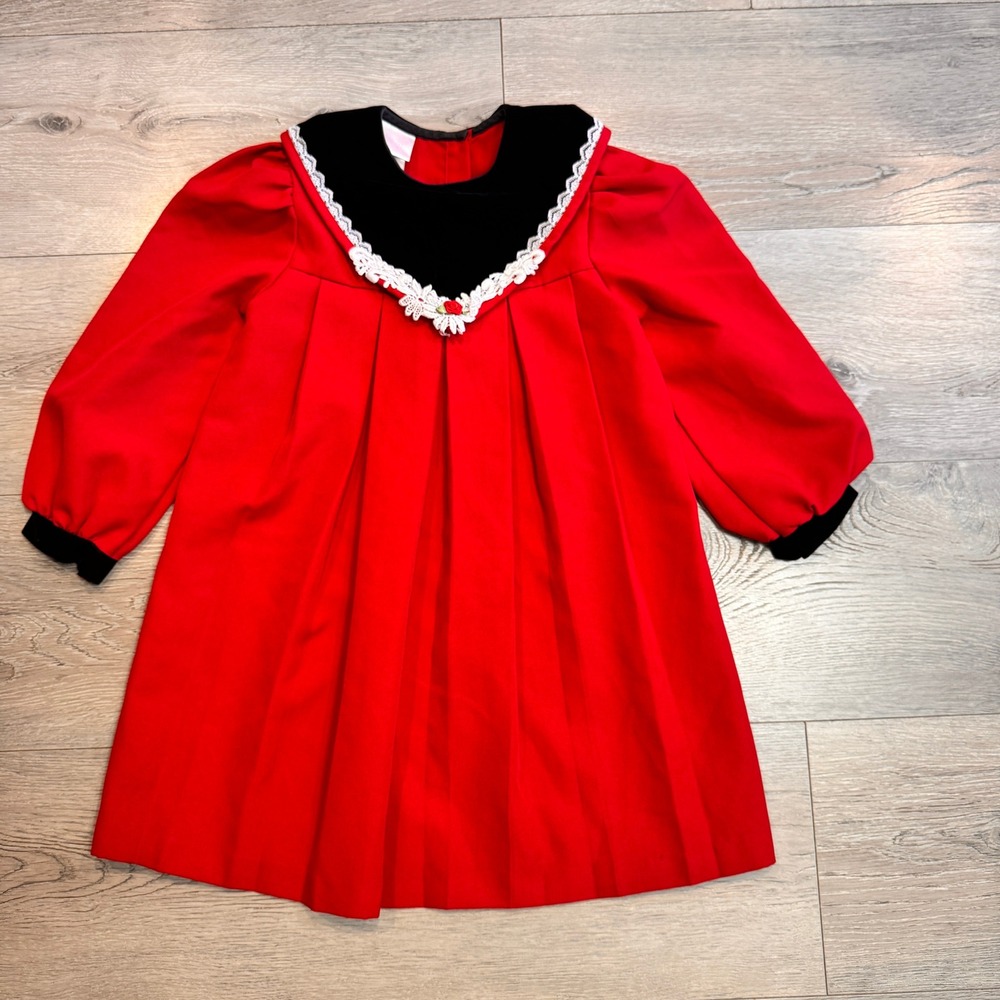 Rose Cottage‎ Vintage Dress Party Holiday Velvet Collar Lace Trim Red Girls 6